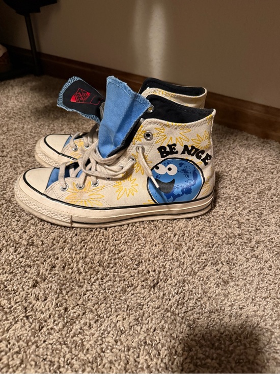 Converse Shoes - Converse White High-Top Sneakers with Blue Globe 'Be Nice' Graphic
